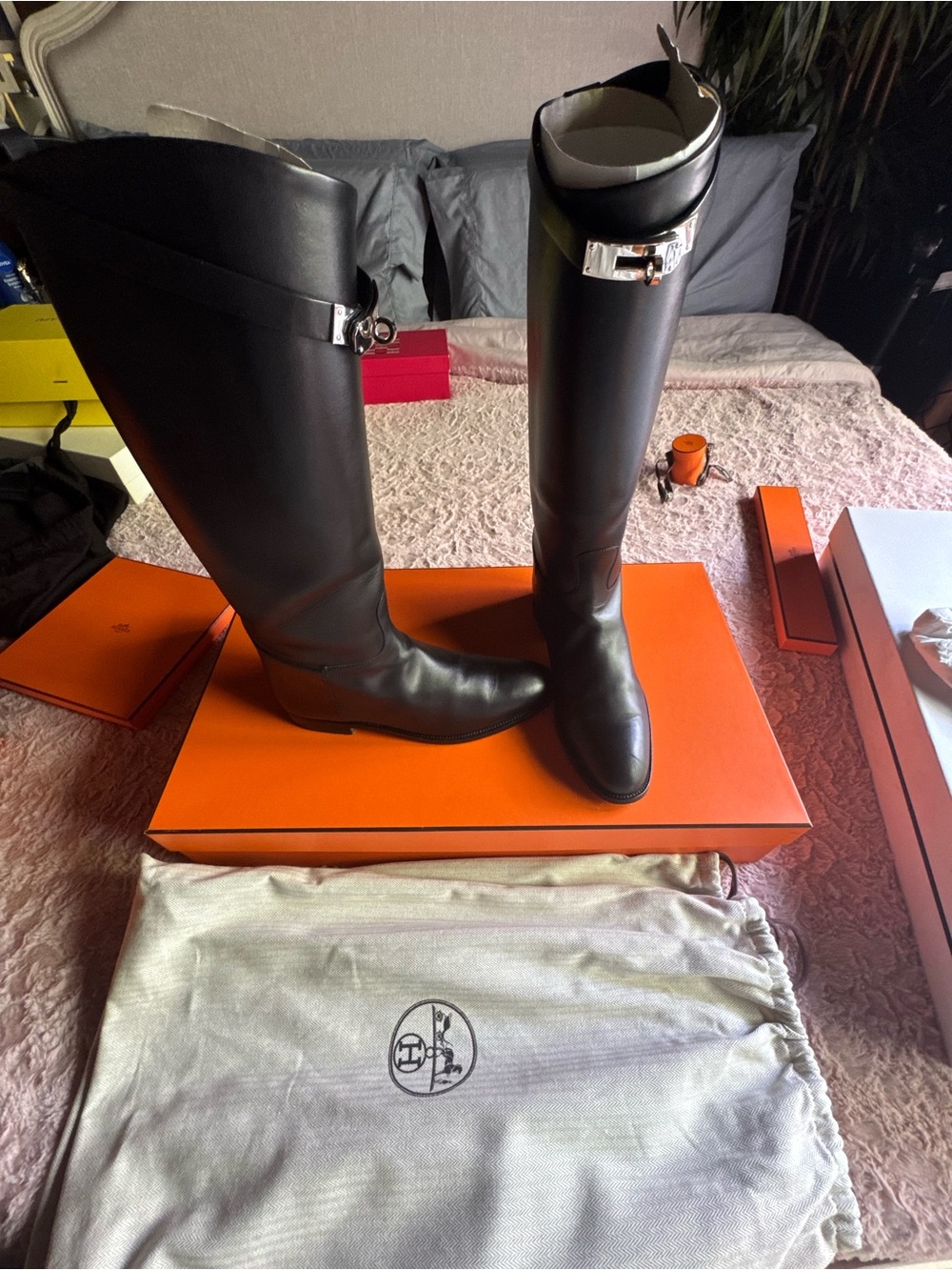 Hermes Black Leather Tall Riding Boots with Silver Buckle